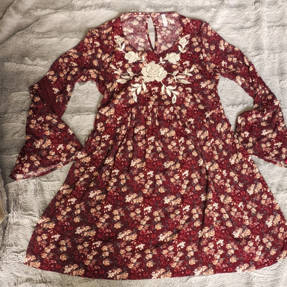 Dark red floral long bell sleeve babydoll dress